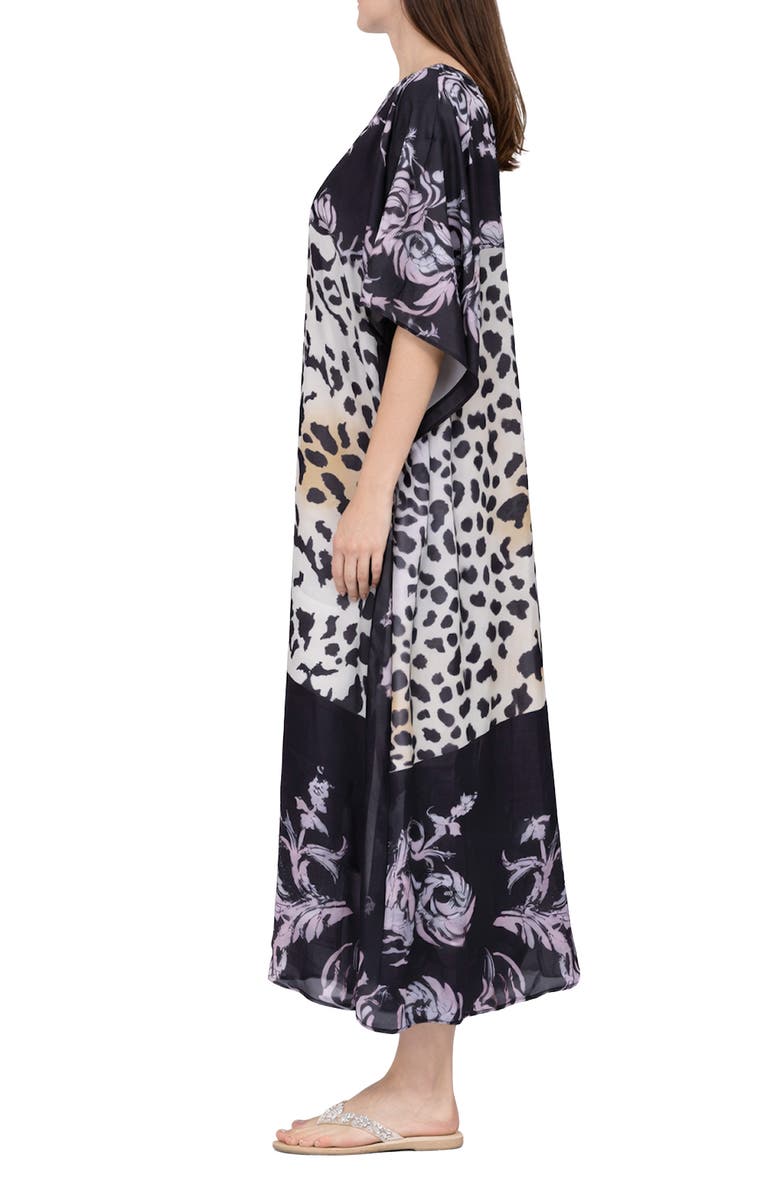 RANEES Animal Print V-Neck Maxi Caftan, Alternate, color, Black