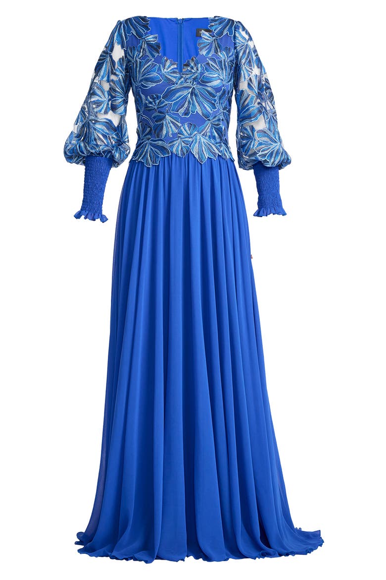 Embroidered Bodice Long Sleeve Gown, Alternate, color, BLUE LAGOON