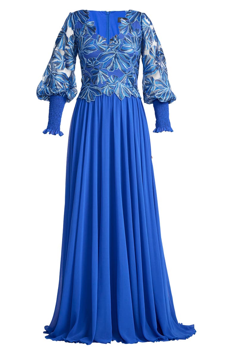 Tadashi Shoji Embroidered Bodice Long Sleeve Gown, Alternate, color, Blue Lagoon