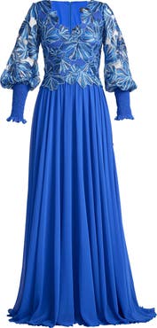 Tadashi Shoji Embroidered Bodice Long Sleeve Gown