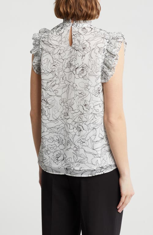 T Tahari Ruffle Cap Sleeve Top In White Star Black Sketch Floral
