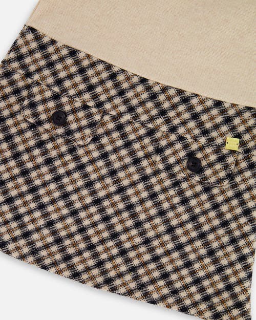 Deux Par Deux Long Sleeve Bi-material Mock Neck Dress And Plaid In Neutral