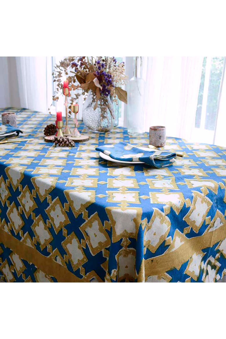 Boho Organic Cotton Tablecloth, Alternate, color, Blue