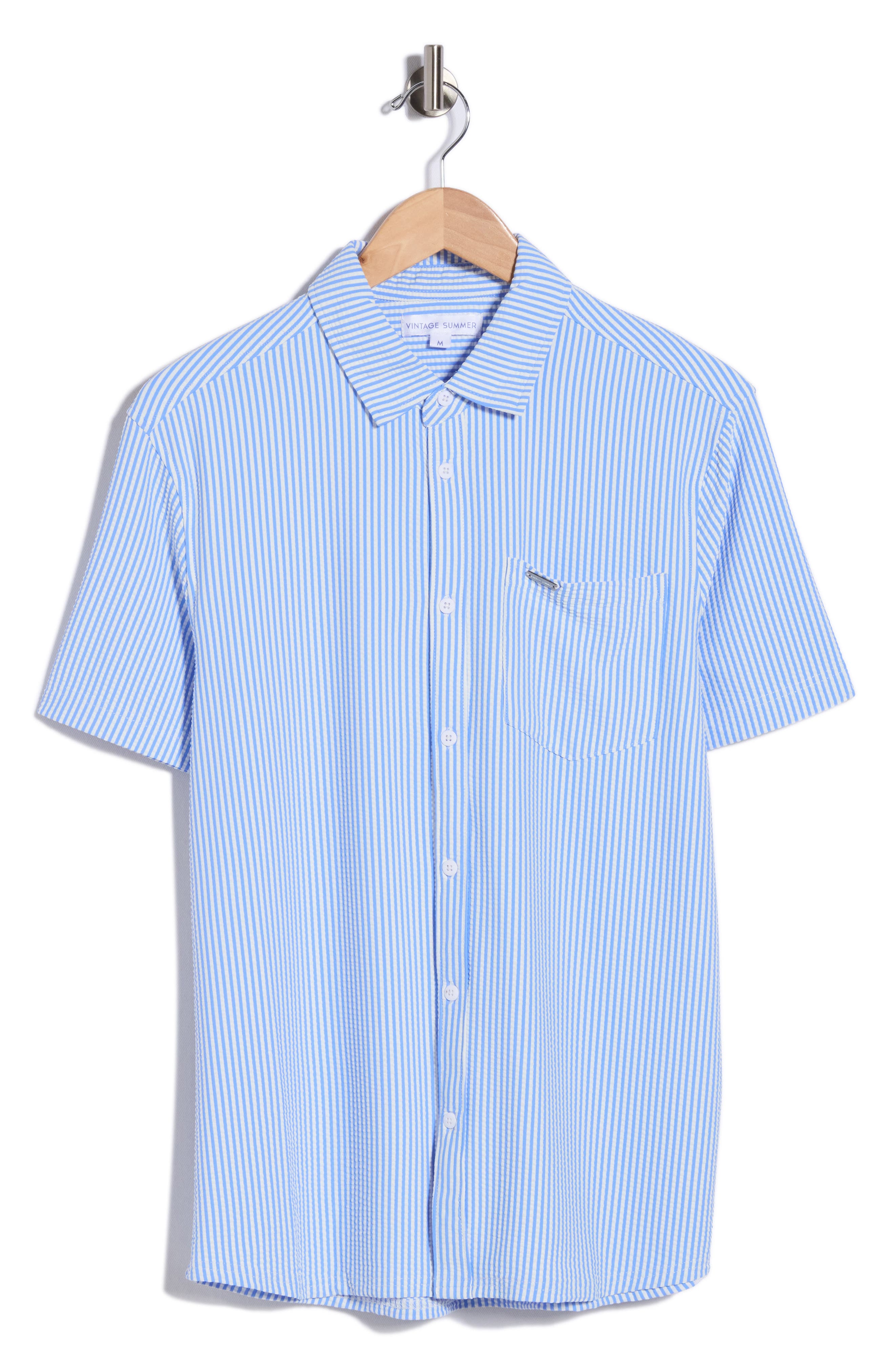 Vintage Summer Short Sleeve 4-Way Stretch Seersucker Button-Down Shirt