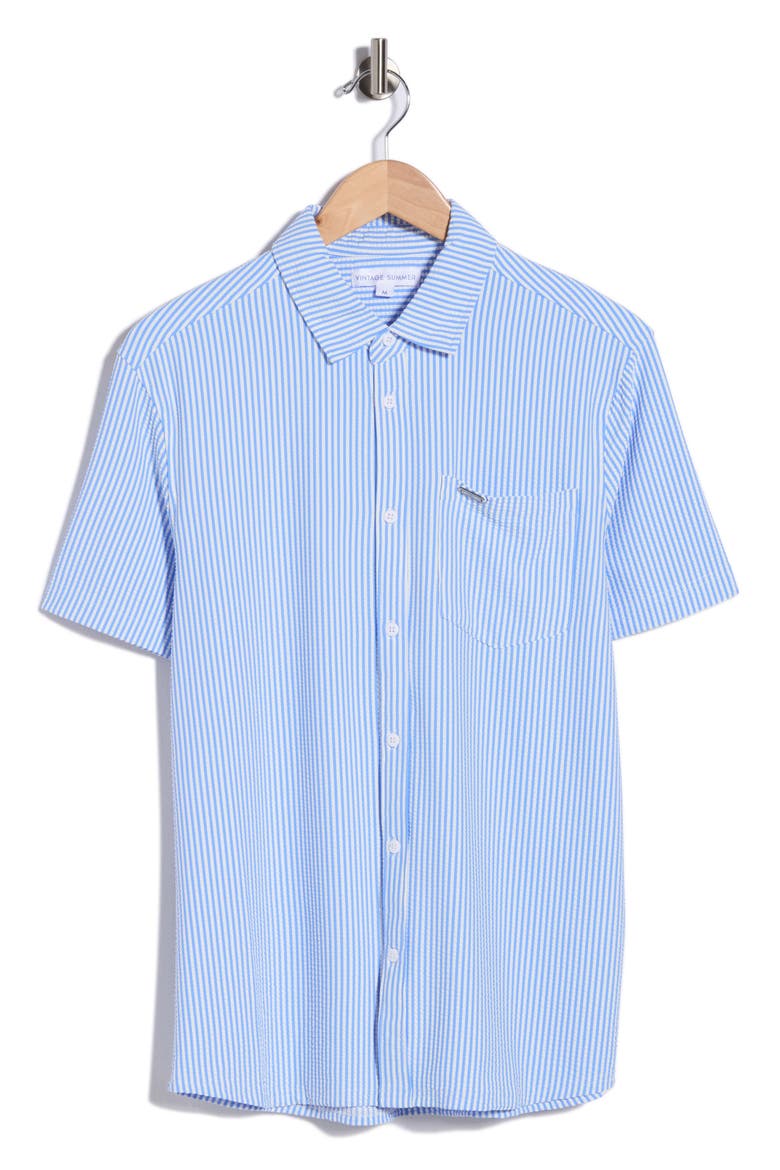 Short Sleeve 4-Way Stretch Seersucker Button-Down Shirt, Main, color, BLUE