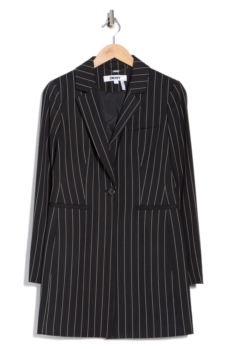DKNY Wall Street Pinstripe Longline Blazer, Alternate, color, Navy/ Tan