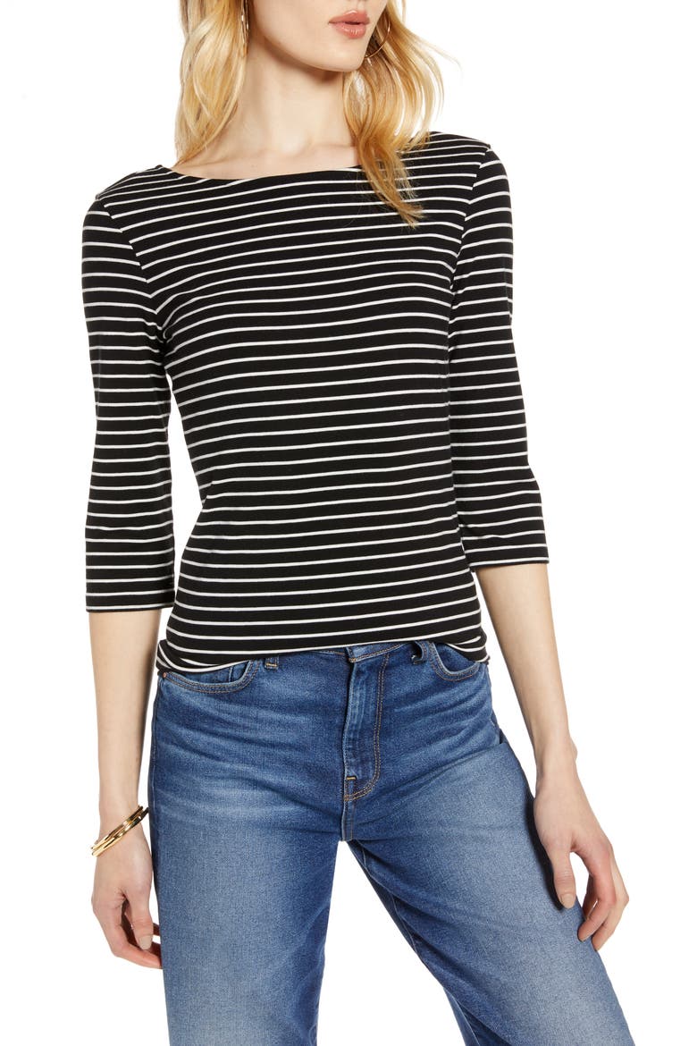 Scoop Back Knit Top, Main, color, BLACK- IVORY STRIPE