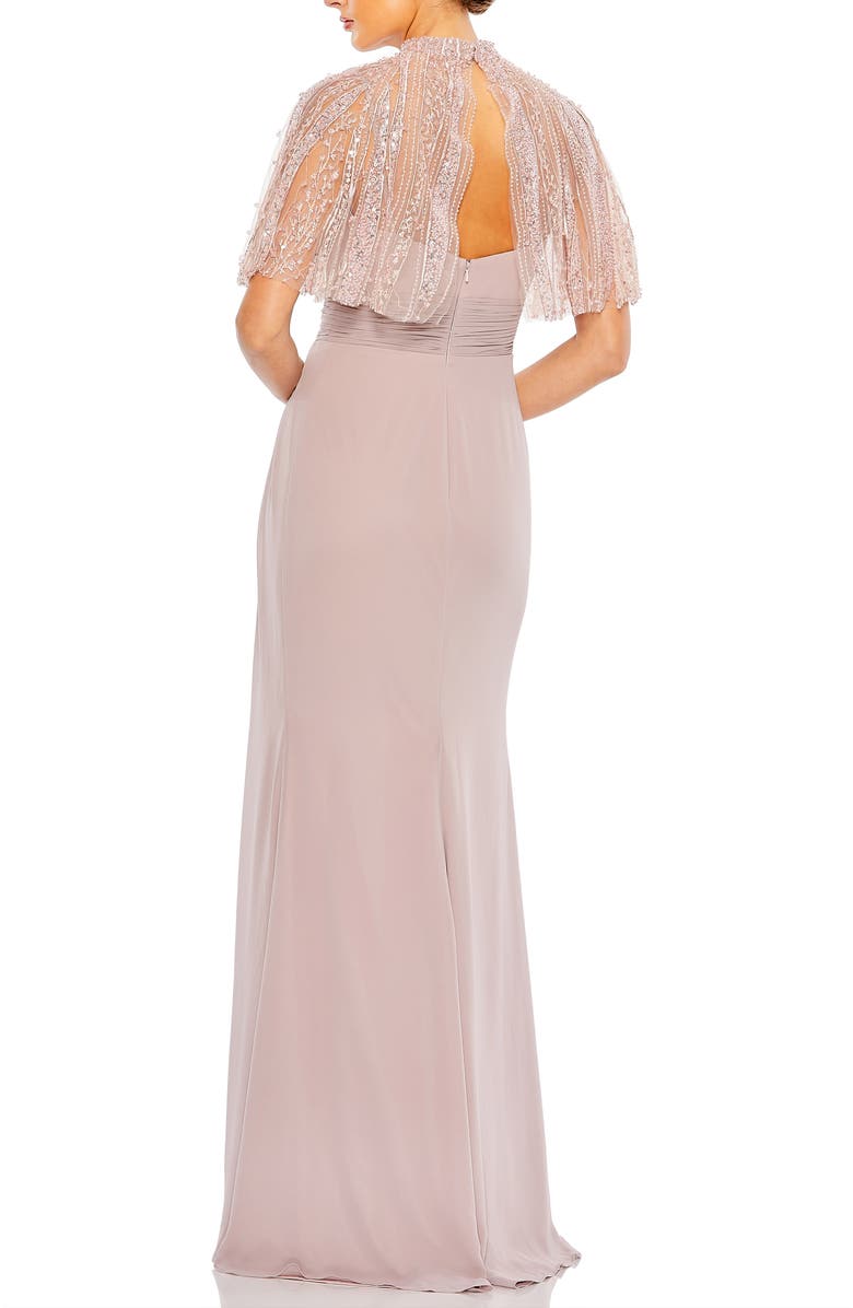 Mac Duggal High Neck Embellished Hand Beaded Cape Evening Gown, Alternate, color, Rose