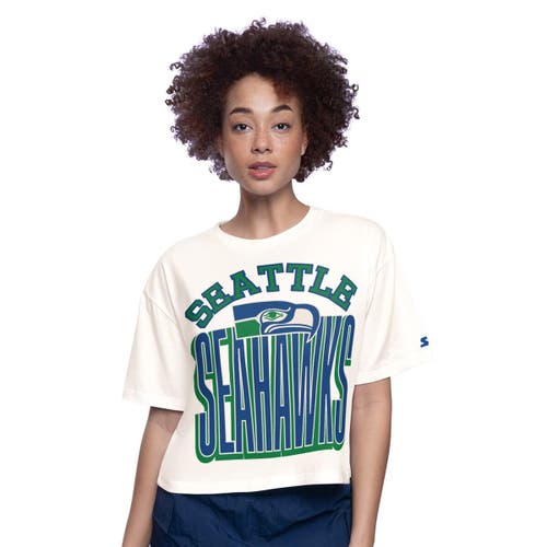 Starter White Seattle Seahawks Throwback Play The Ball Boxy Cropped T-shirt In Multi