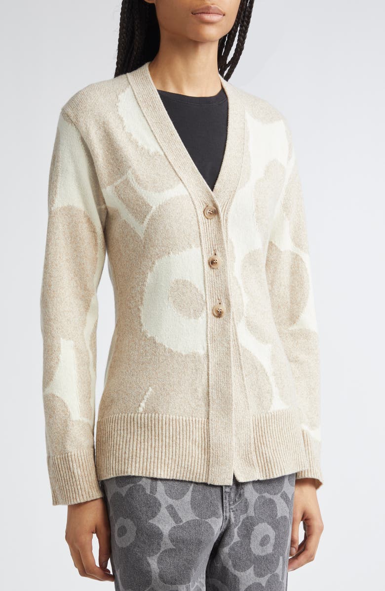 Marimekko Kumma Unikko Floral Wool Cardigan, Alternate, color, Beige, Off White