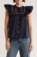 ELIE ELIE TAHARI Cap Sleeve Lace Trim Button-Up Top