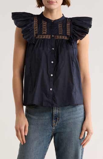 Cap Sleeve Lace Trim Button-Up Top