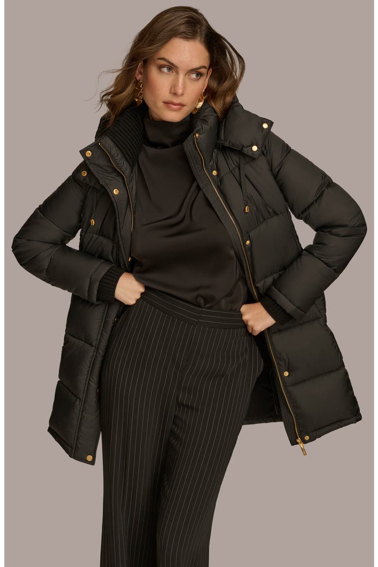 Hooded Ribbed Trim Puffer Jacket, Alternate, color, BLACK