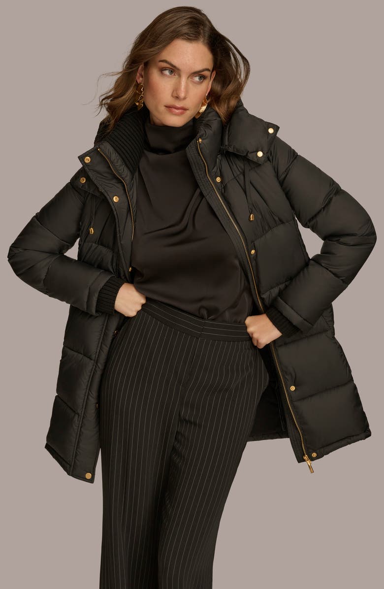 Donna Karan New York Hooded Ribbed Trim Puffer Jacket, Alternate, color, Black