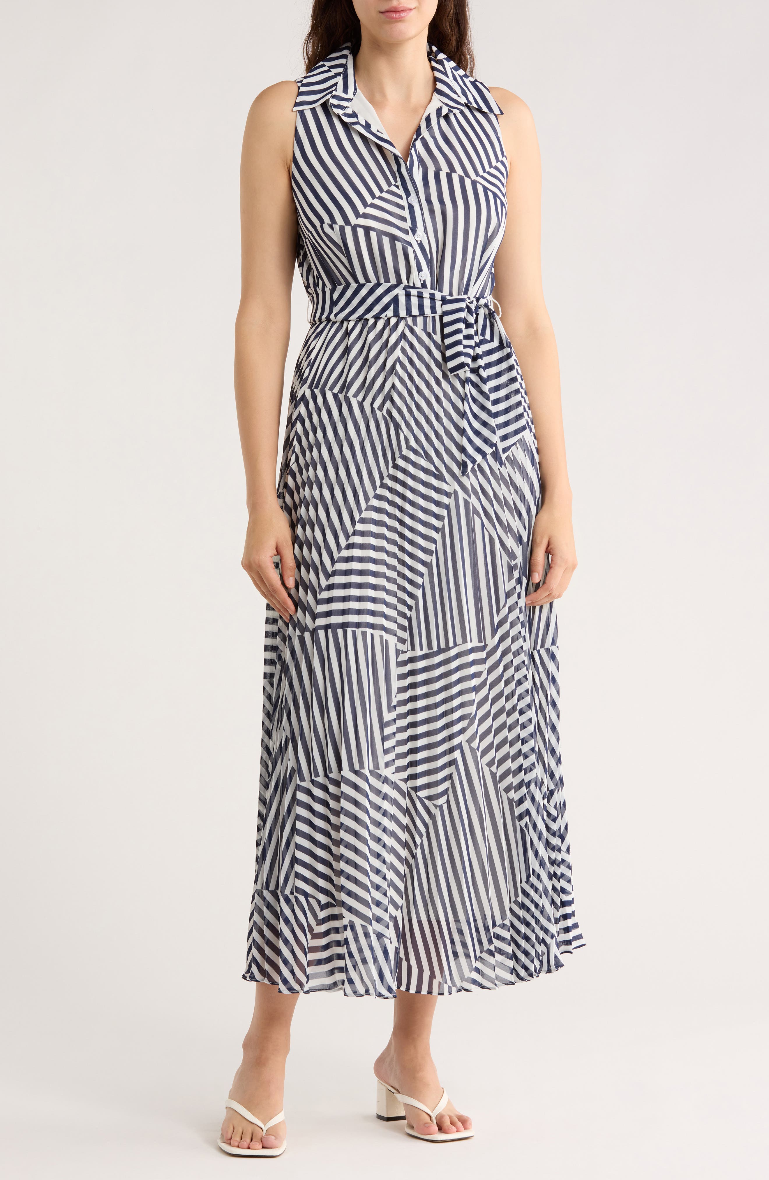 SANDRA DARREN Stripe Sleeveless Pleated Shirtdress
