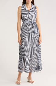 SANDRA DARREN Stripe Sleeveless Pleated Shirtdress