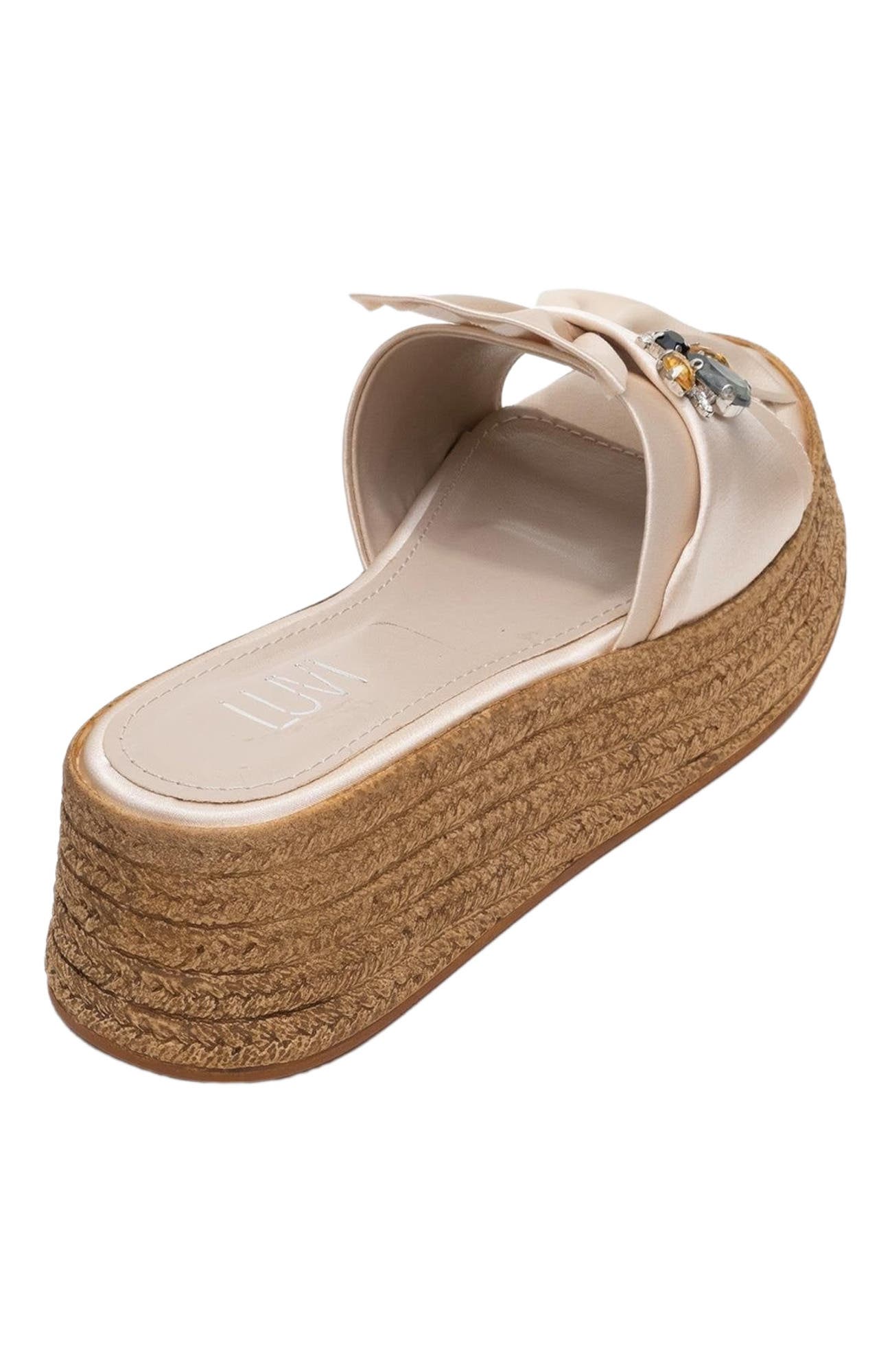 Prologue Shoes Shara Braided Bow & Bee Buckle Platform Sandal, Alternate, color, Beige Satin Faux Leather