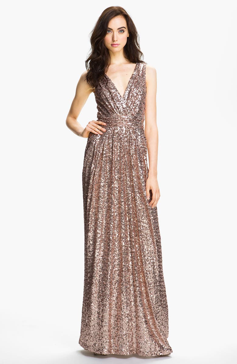 Badgley Mischka Collection Badgley Mischka Double V-Neck Sequin Gown, Main, color,