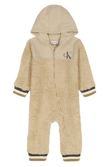 Calvin Klein Babies' Fleece Hooded Romper In Brown