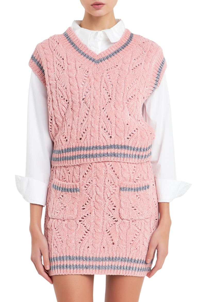 Stripe Trim Chenille Sweater Vest, Main, color, PINK/ GREY