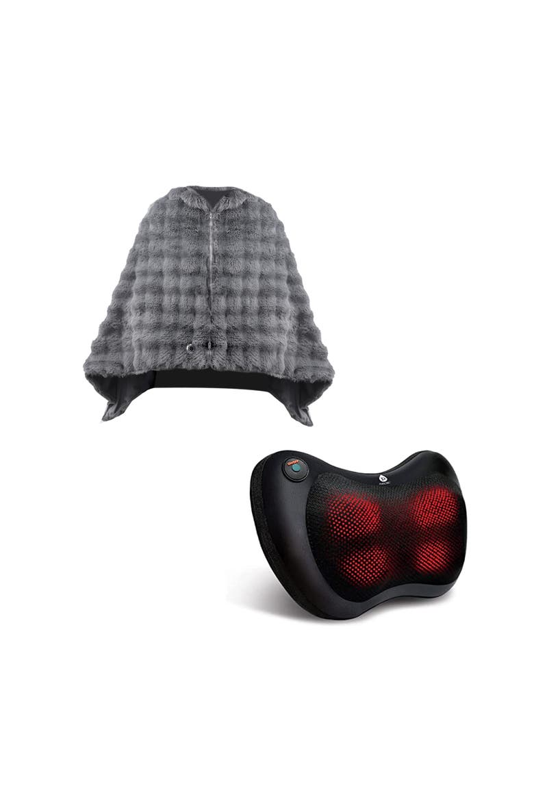 Ultimate Comfort & Relaxation Bundle Heated Plush Shawl + Shiatsu Neck & Back Massager, Main, color, Black
