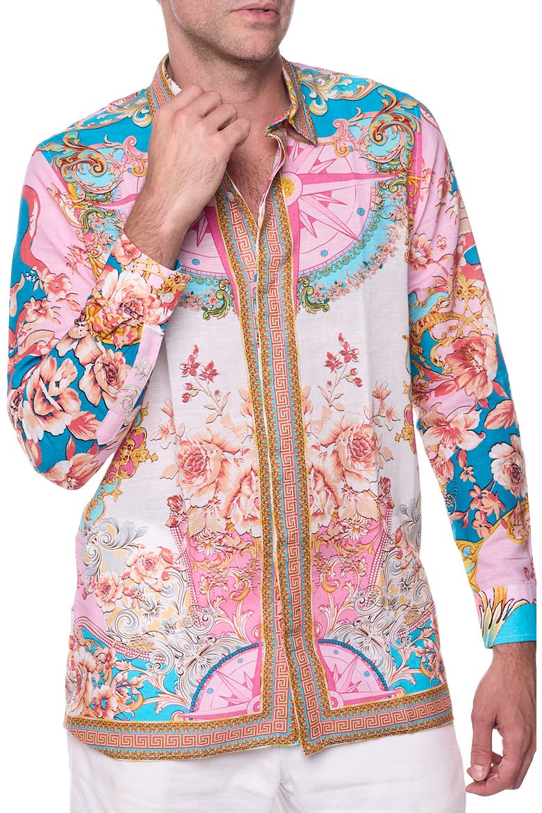Floral Print Linen & Cotton Blend Button-Up Shirt, Main, color, LIGHT PINK