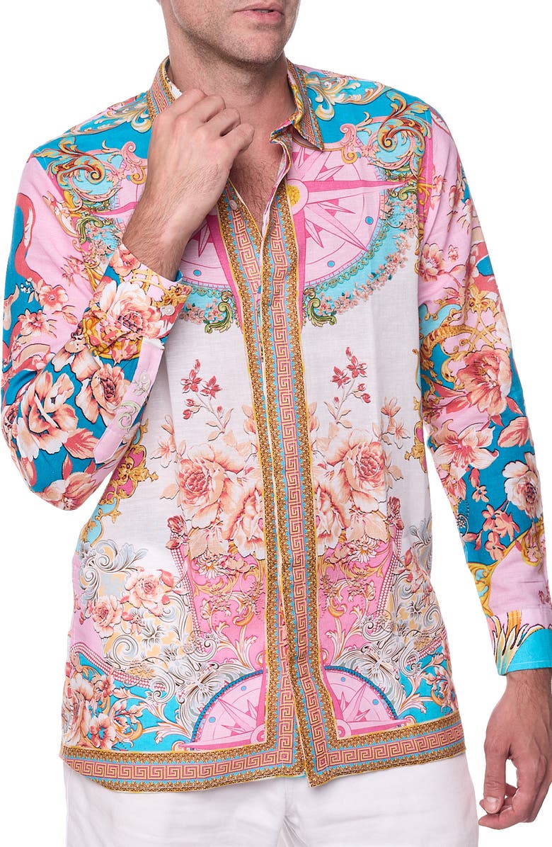 RANEES Floral Print Linen & Cotton Blend Button-Up Shirt, Main, color, 