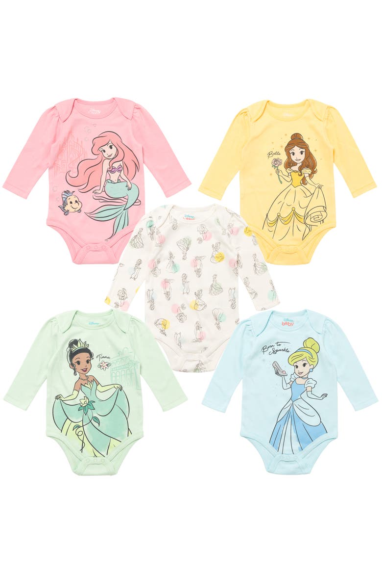 Princess 5-Pack Long Sleeve Bodysuits, Main, color, Ariel Belle Pink Multi