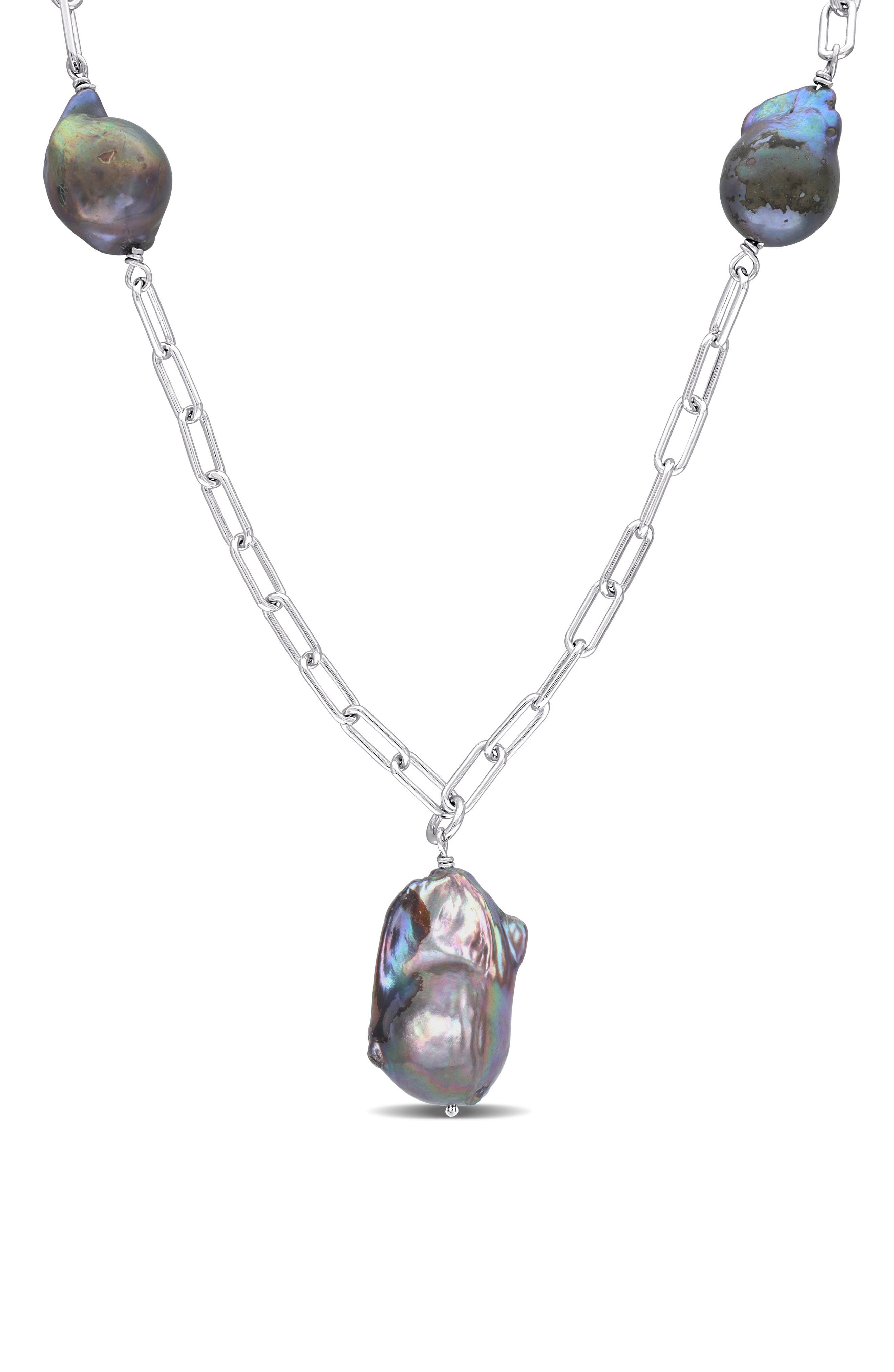 DELMAR Sterling Silver 13–15mm Grey Cultured Freshwater Pearl Station Necklace