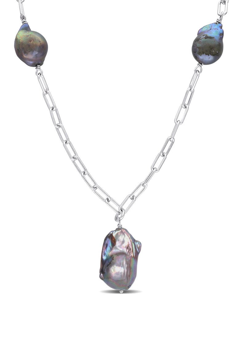 Sterling Silver 13–15mm Grey Cultured Freshwater Pearl Station Necklace, Main, color, BLACK