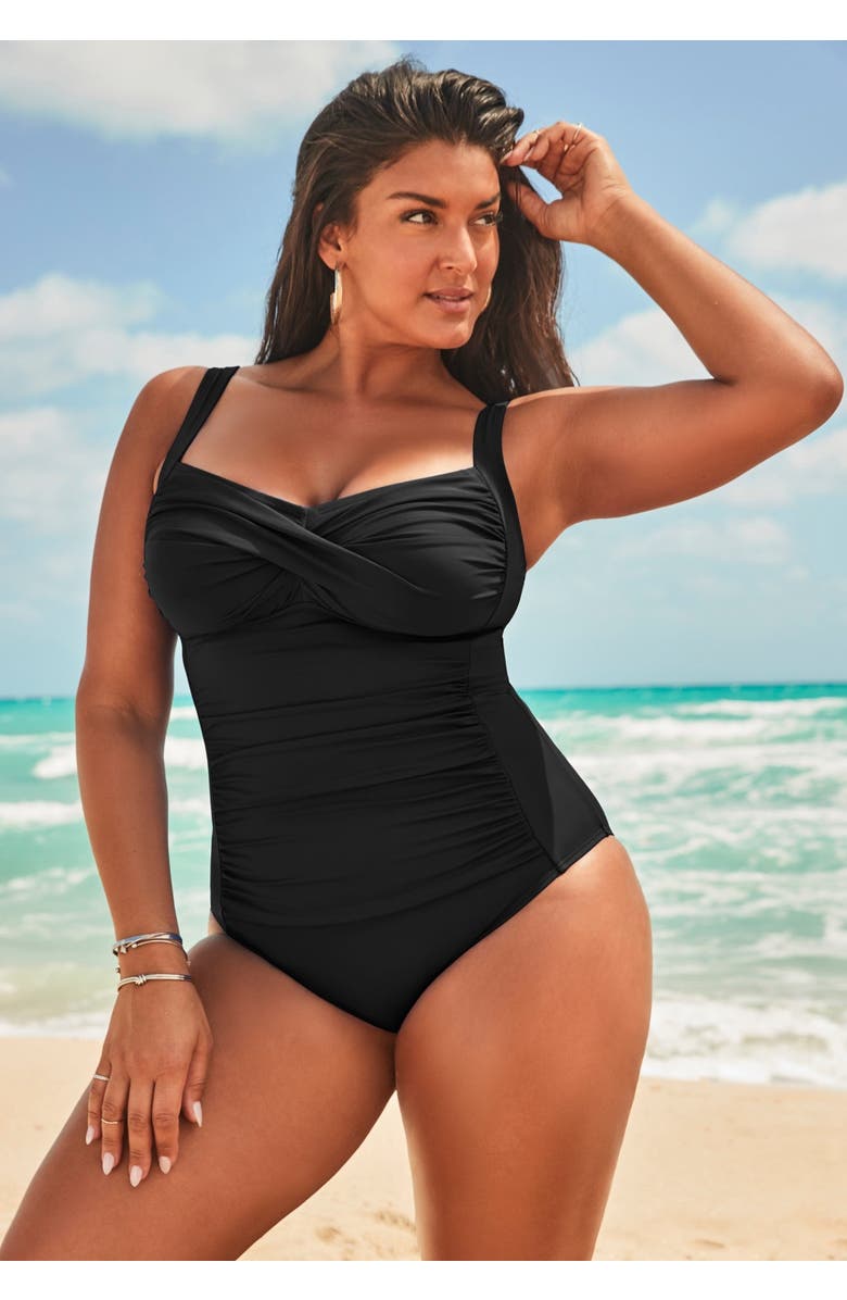 Swimsuits for All Ruched Twist Front One Piece Swimsuit, Alternate, color, Black