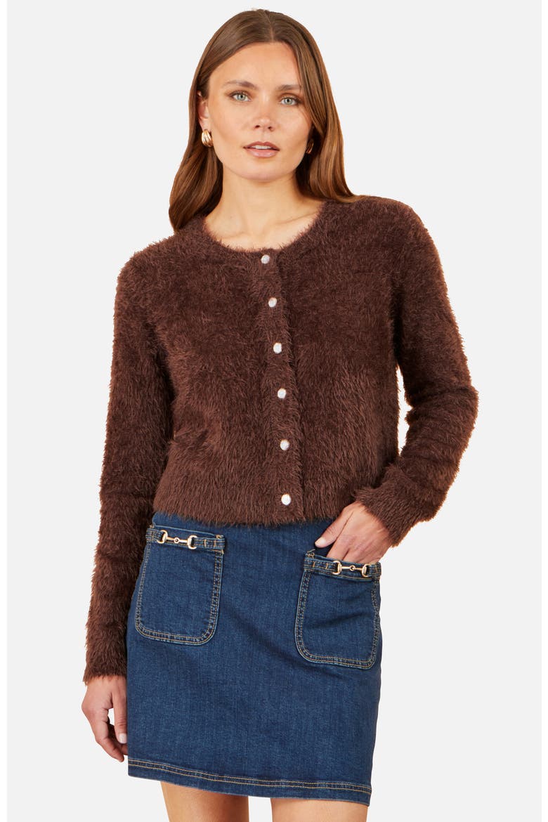 Eyelash Knit Sparkle-Button Cardigan, Main, color, Brown
