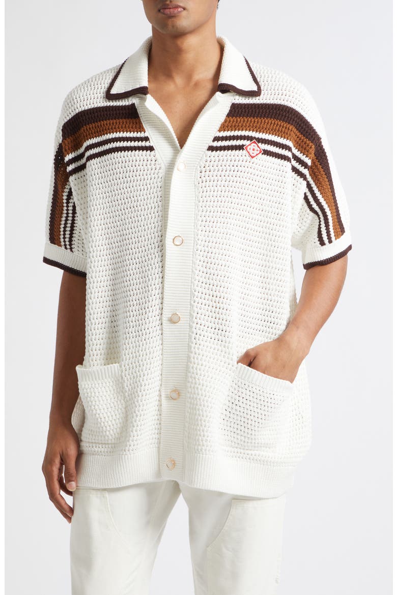 Tennis Stripe Short Sleeve Crochet Button-Up Shirt, Main, color, COTTON