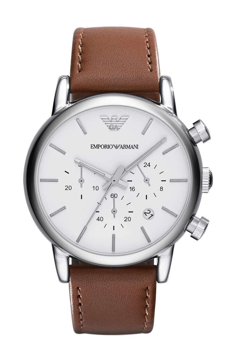 Emporio Armani Chronograph Leather Strap Watch, 41mm, Main, color, 