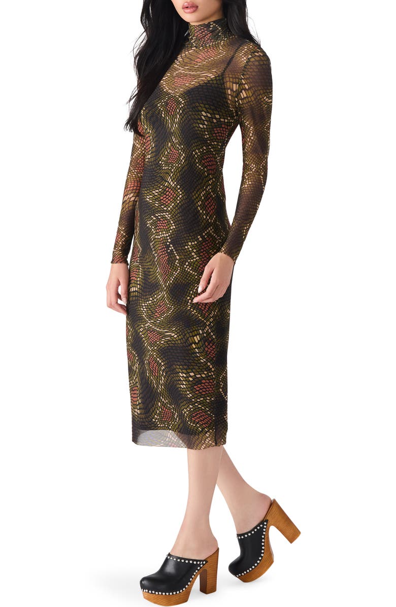 Steve Madden Vivienne Snake Print Long Sleeve Turtleneck Mesh Midi Dress, Alternate, color, Fossil Brown