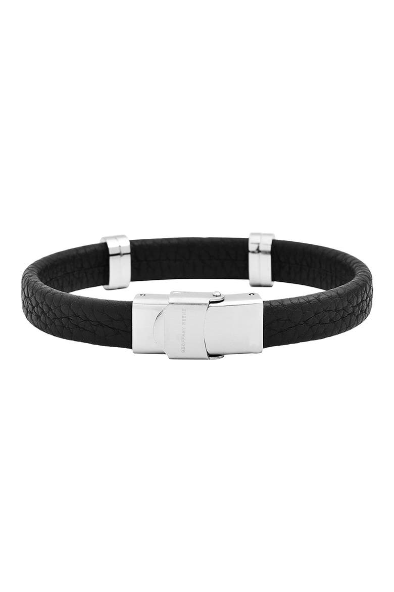 Men's Stainless Steel Cutout ID Leather Bracelet, Alternate, color, BLACK