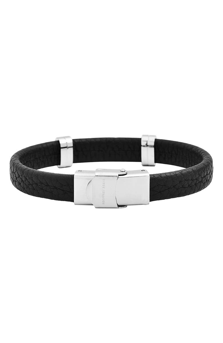 GEOFFREY BEENE Men's Stainless Steel Cutout ID Leather Bracelet, Alternate, color, Black