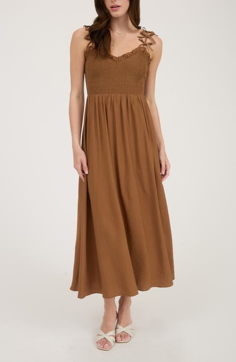 Bow Strap Smocked Fit & Flare Midi Dress