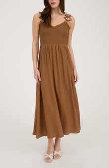 Blu Pepper Bow Strap Smocked Fit & Flare Midi Dress