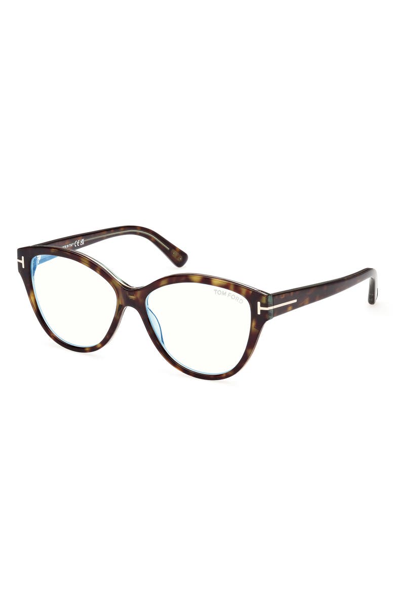 TOM FORD 54mm Cat Eye Blue Light Blocking Optical Glasses, Alternate, color, Havana And Turquoise / T Logo