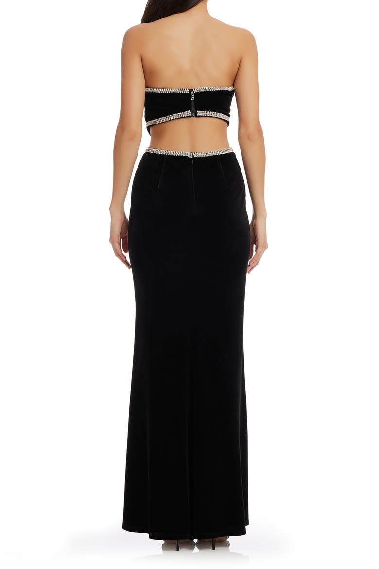 Ariana Cutout Strapless Stretch Velvet Gown, Alternate, color, BLACK-SILVER