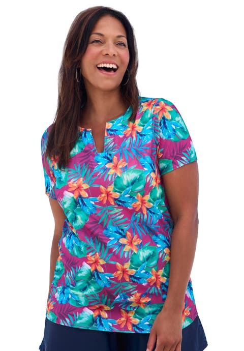 Split-Neck Short Sleeve Swim Tee with Built-In Bra