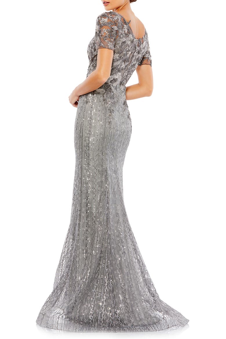 Embellished V Neck Cap Sleeve Trumpet Gown, Alternate, color, DARK GRAY