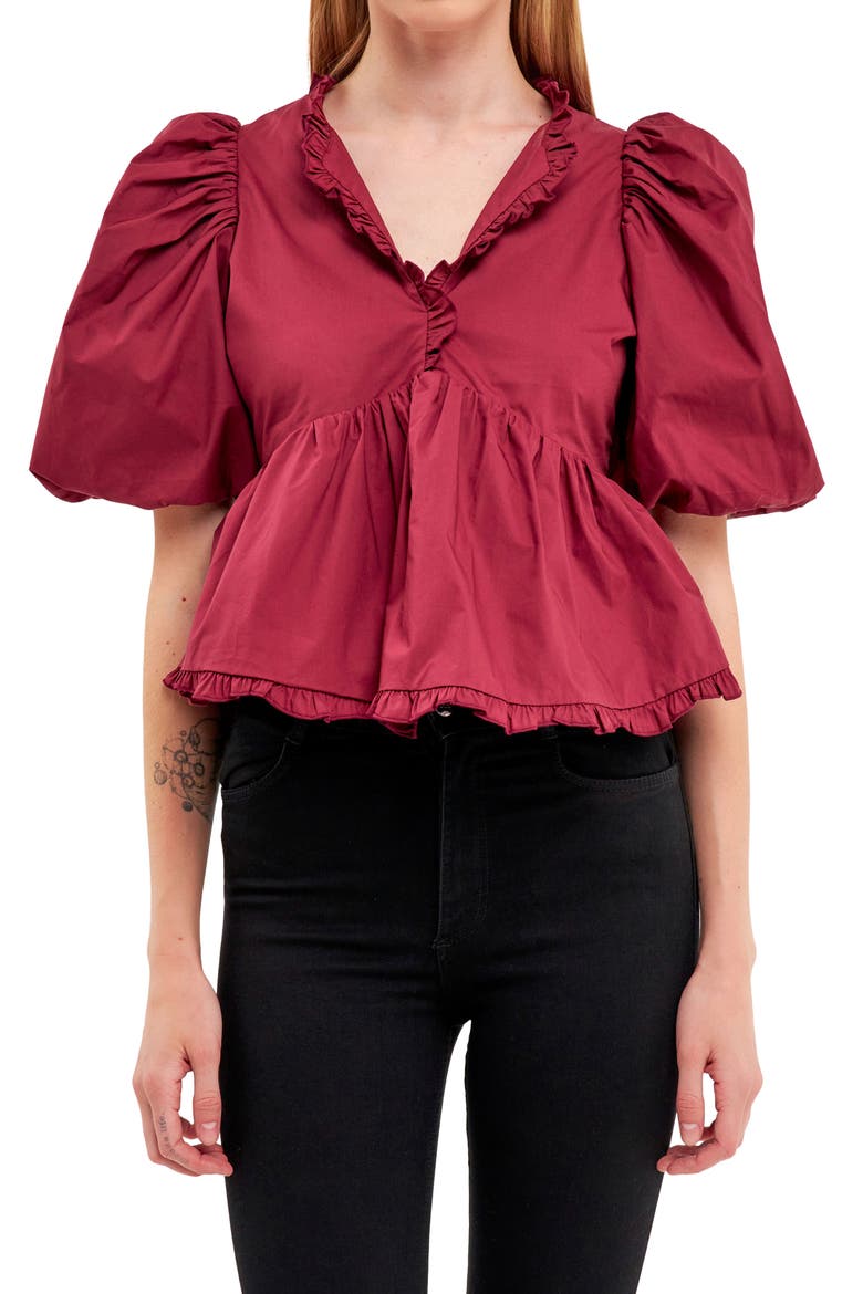 Ruffle Trim Puff Sleeve Peplum Cotton Top, Alternate, color, BURGUNDY