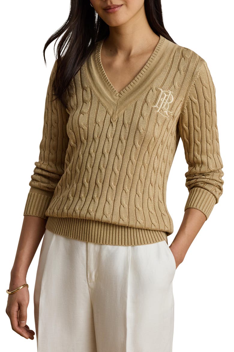 Cable Stitch V-Neck Sweater, Main, color, BEIGE