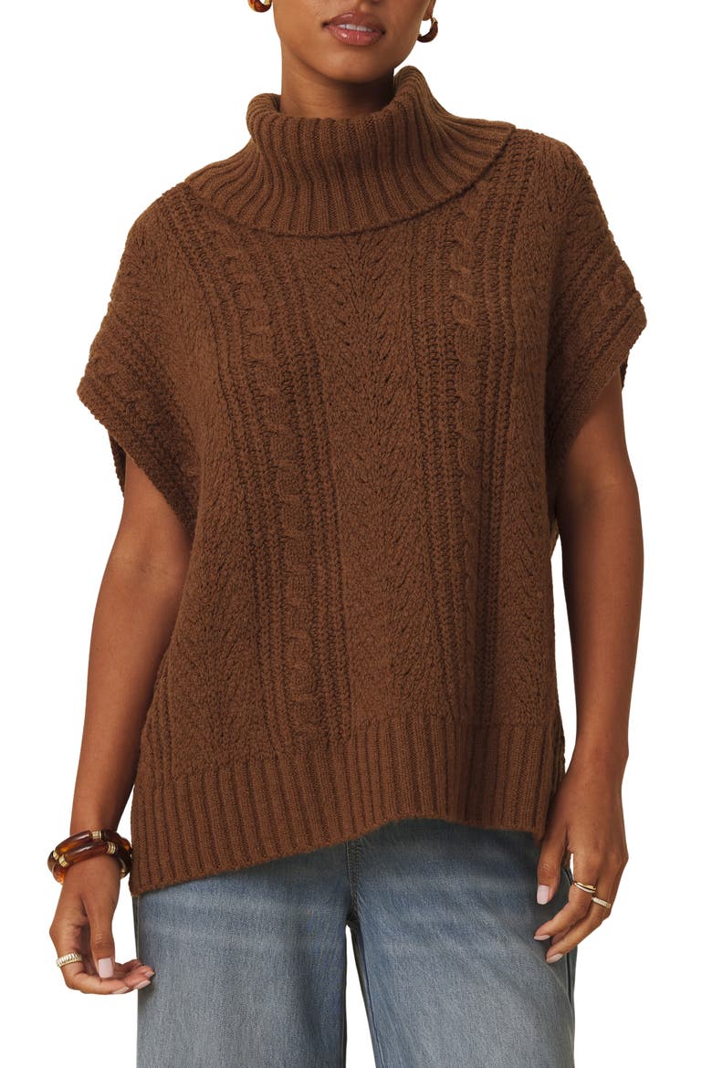Rosalina Cable Stitch Short Sleeve Turtleneck Sweater, Main, color, DARK SADDLE BROWN
