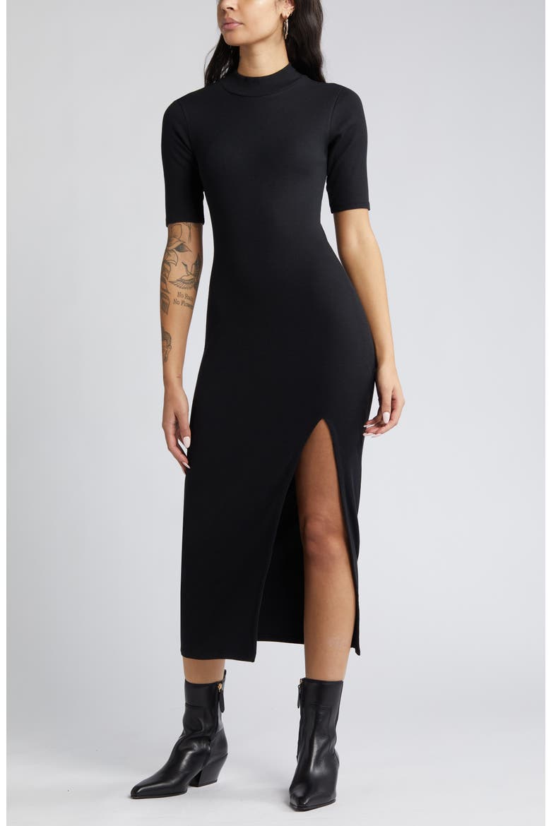 Mock Neck Rib Midi Dress, Main, color, BLACK