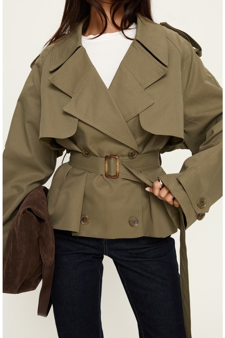 Eldora Double Breasted Belted Crop Trench Coat, Alternate, color, GREEN