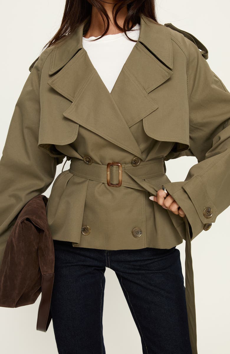 Princess Polly Eldora Double Breasted Belted Crop Trench Coat, Alternate, color, Green