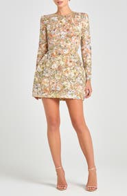 NADINE MERABI Sienna Beaded Floral Embroidery Long Sleeve Cocktail Minidress